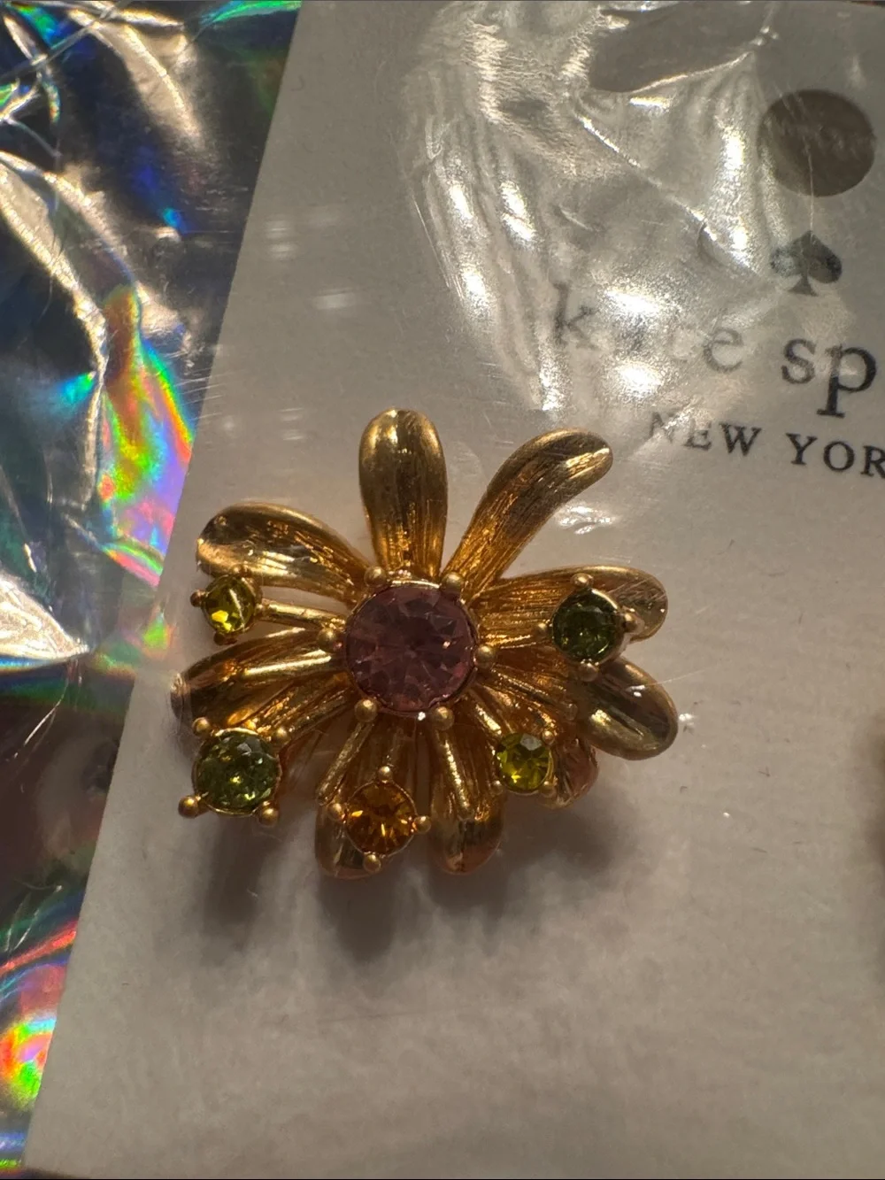 kate spade Gold Flower Crystal Stud Earrings with Pink and Green Accents